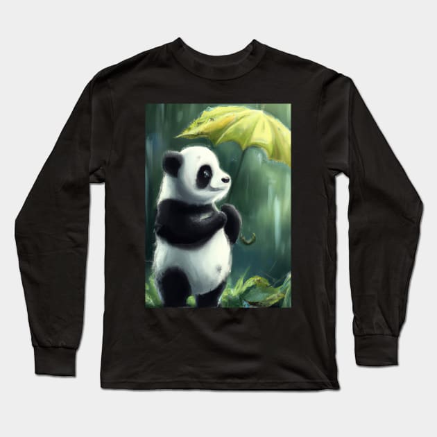 Panda with Leaf Umbrella Long Sleeve T-Shirt by maxcode